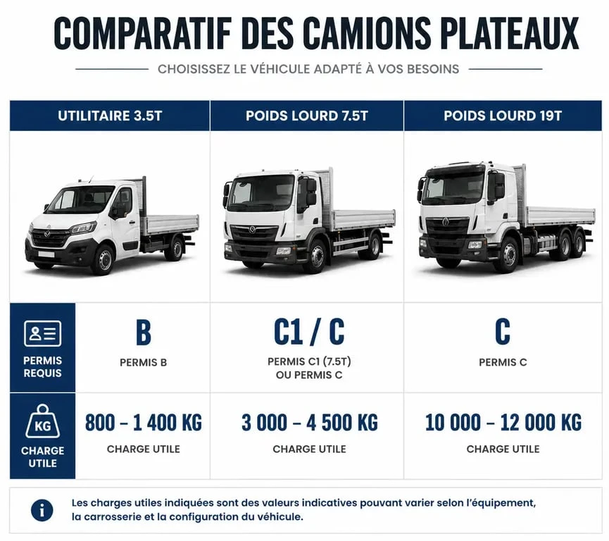 Infographie comparative des capacités de charge et permis requis pour différents types de camion plateau
