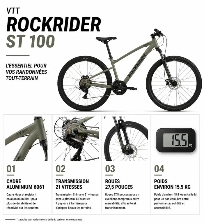 Infographie des caractéristiques techniques du VTT Rockrider ST 100