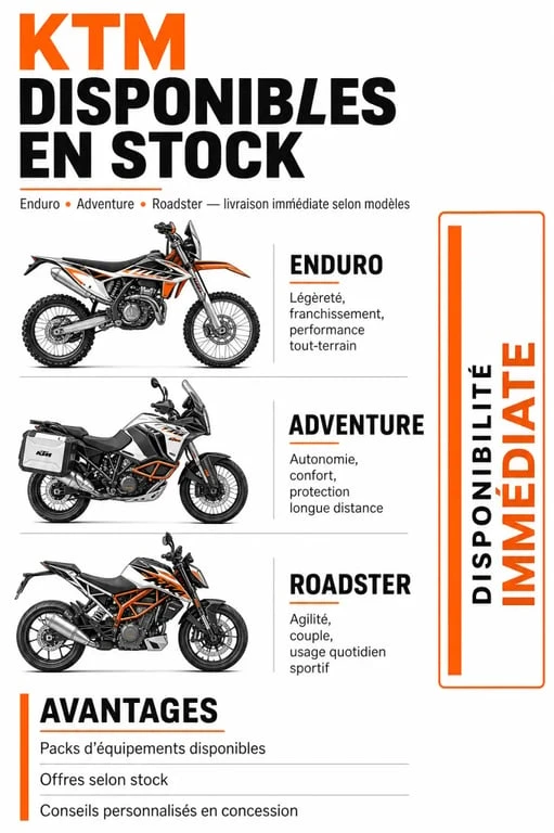 Infographie des modèles KTM en stock : Enduro, Adventure et Duke pour un achat immédiat