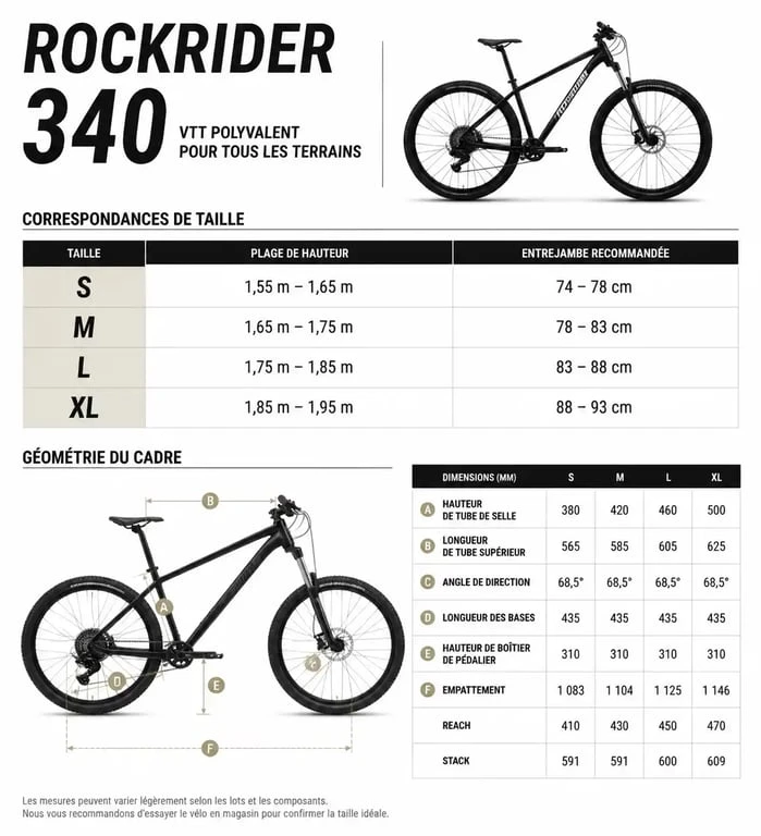 Tableau des tailles et correspondances pour le VTT Rockrider 340