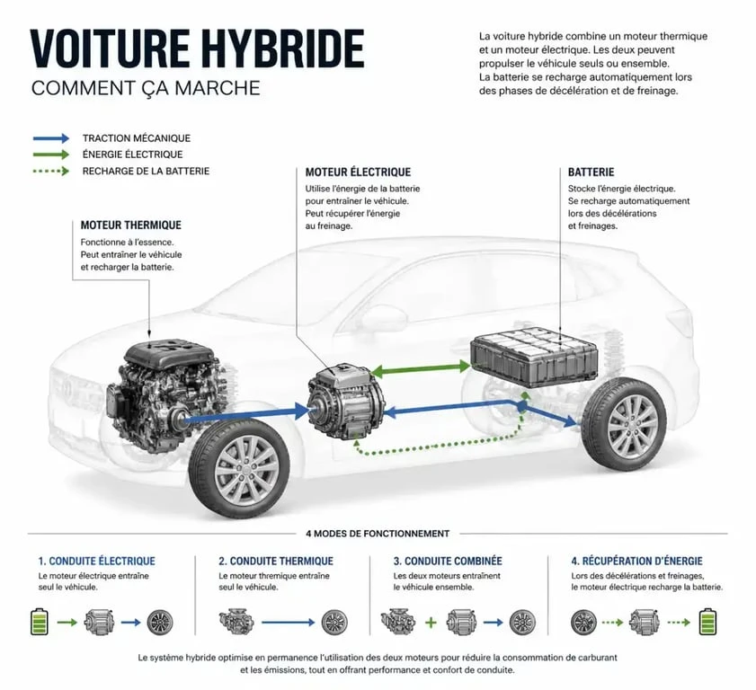 Schéma explicatif du fonctionnement d'une voiture hybride avec moteur thermique et électrique