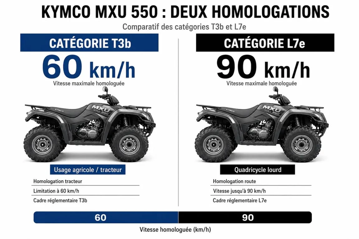 Comparatif des vitesses maximales du quad Kymco MXU 550 selon l'homologation T3b et L7e