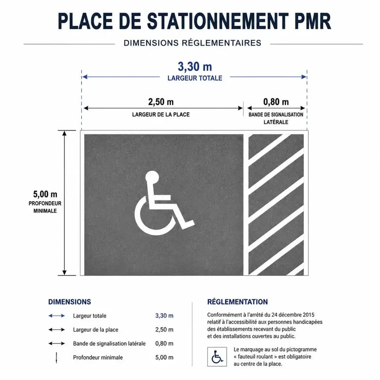 Schéma des dimensions réglementaires d'une place de stationnement PMR avec marquage au sol