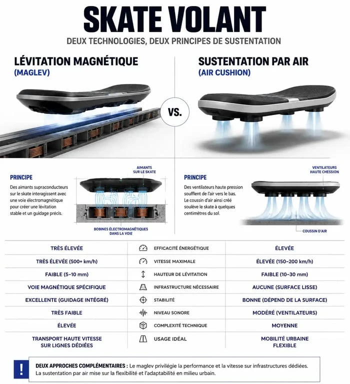 Infographie comparative des technologies de skate volant : lévitation magnétique et propulsion par air