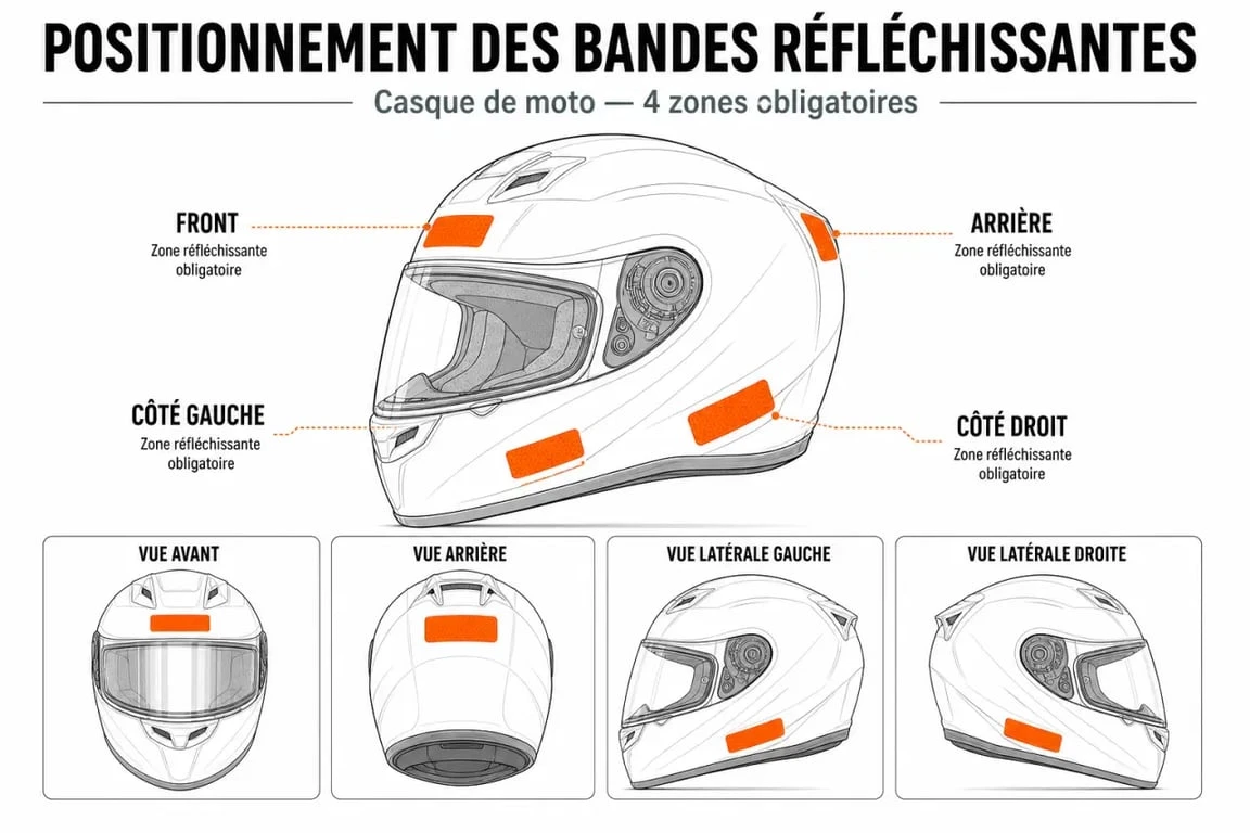 Schéma des zones de positionnement des bandes réfléchissantes obligatoires sur un casque moto