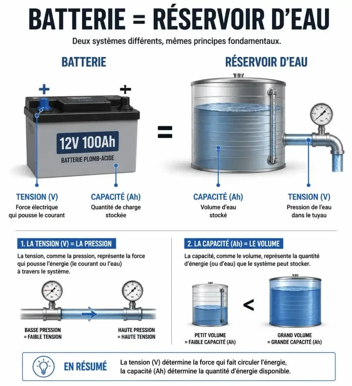 Schéma explicatif de la différence entre tension et capacité pour le remplacement d'une batterie avec un ampérage supérieur