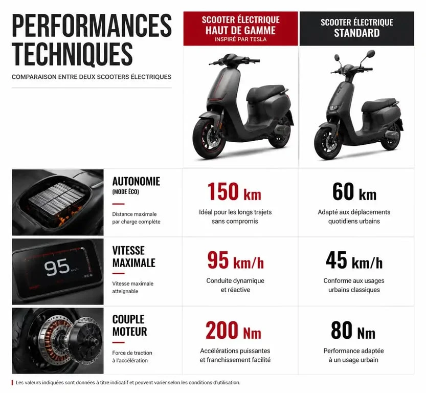 Comparatif technique des performances entre un scooter électrique inspiré par Tesla et un modèle standard