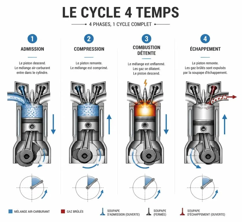 Schéma explicatif des 4 phases du cycle d'un moteur 4 temps