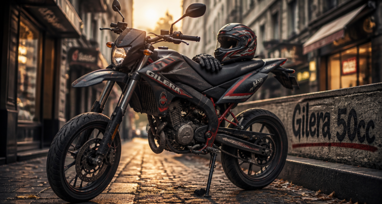 gilera 50cc noire et rouge stationnée sur trottoir au petit matin