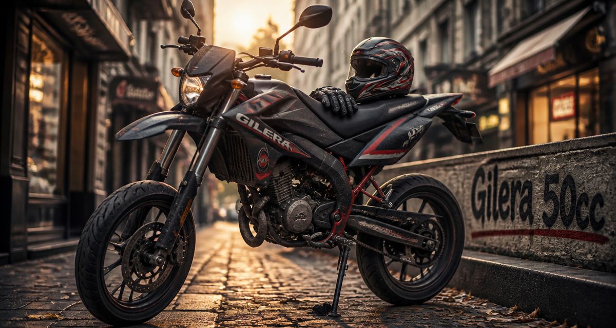 gilera 50cc noire et rouge stationnée sur trottoir au petit matin