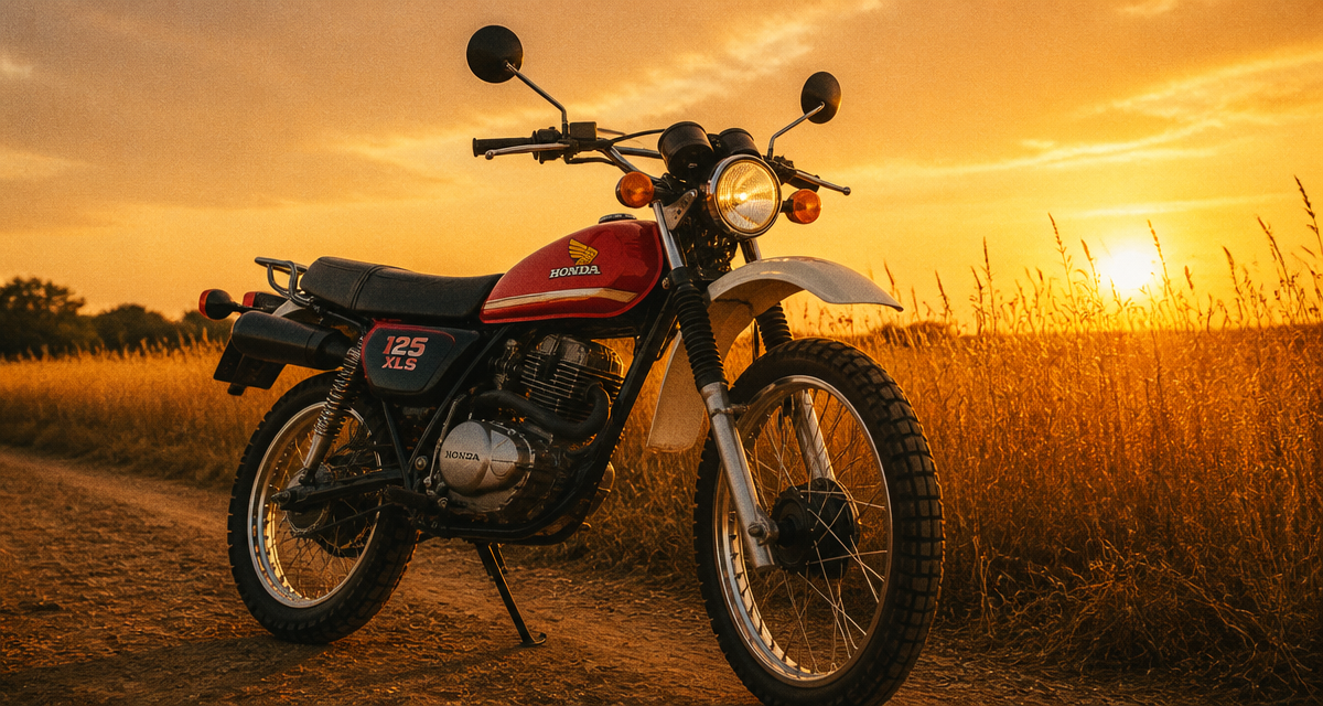 Honda 125 XLS restaurée sur chemin au coucher du soleil