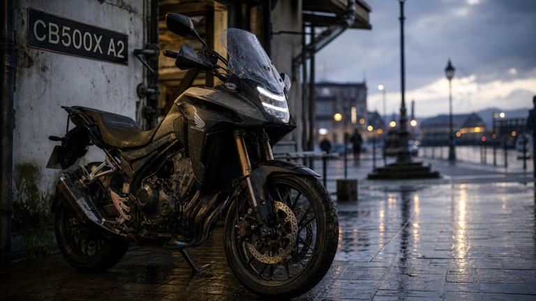Honda CB500X A2 sur quai urbain humide, autonomie 450 km