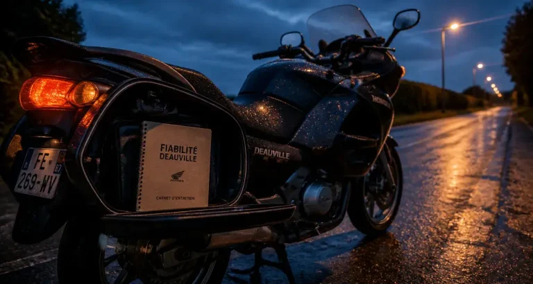 Honda NT Deauville noire sur route humide au crépuscule