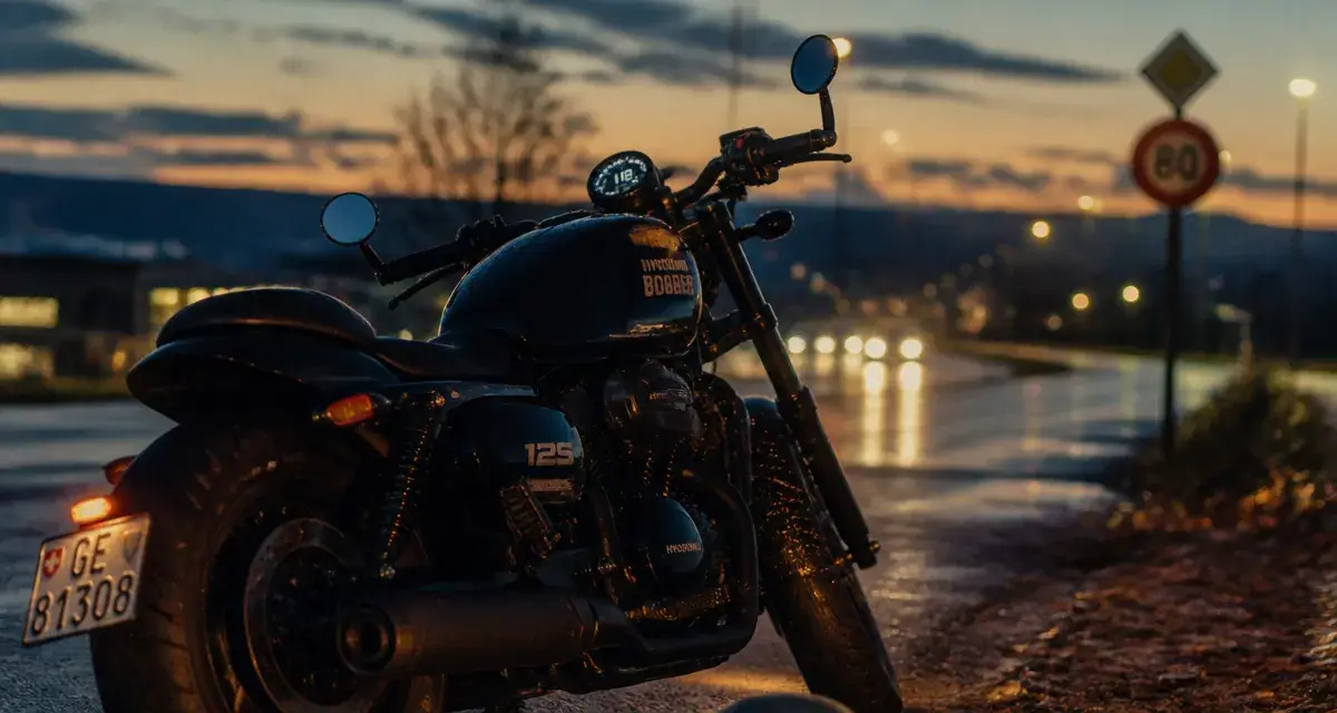 Hyosung Bobber 125 vitesse max sur route humide au crépuscule