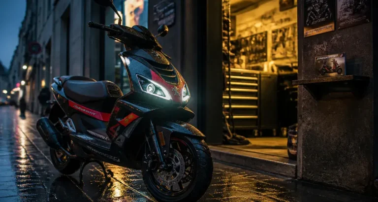 Peugeot Speedfight 4 en ville sous la pluie, phares LED allumés