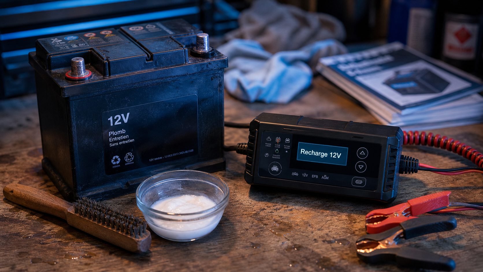 Recharger une batterie 12V en sécurité, chargeur et pinces en atelier