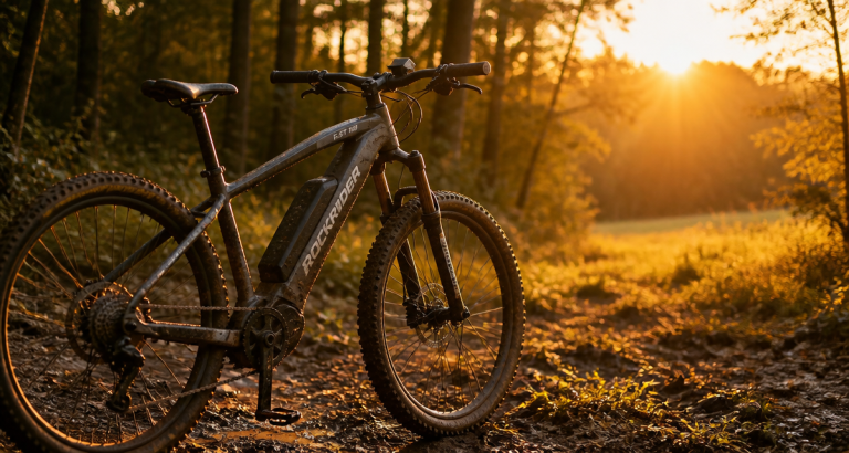 rockrider e st 100 vtt electrique sur sentier forestier