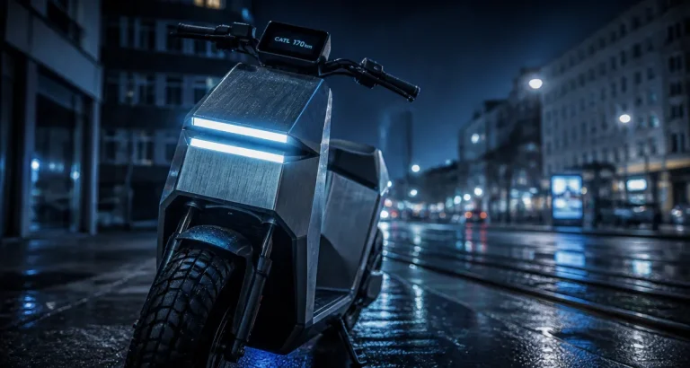 Scooter tesla inspiré Cybertruck sur trottoir humide, vue de nuit.