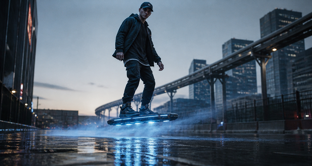 Jeune homme sur skate volant high-tech au ras du sol
