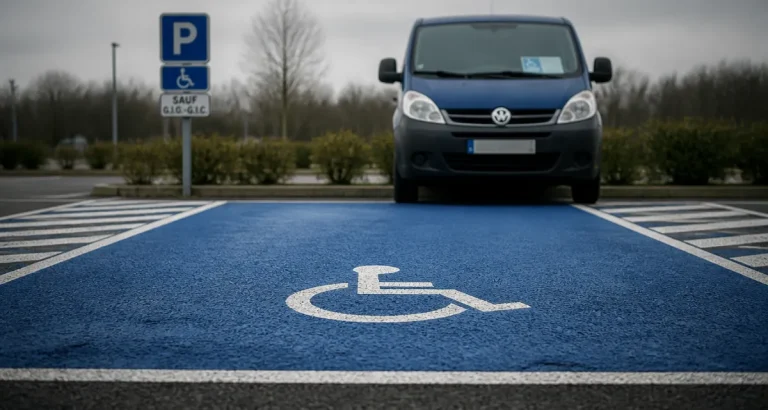 Stationnement place pmr : marquage 3,30 m, pictogramme fauteuil roulant