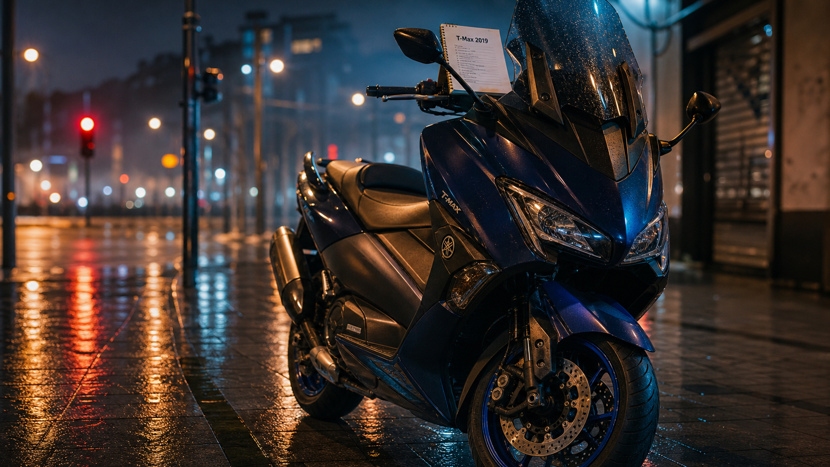 Tmax 2019 : Yamaha T-Max 530 bleu, vue 3/4 avant en ville