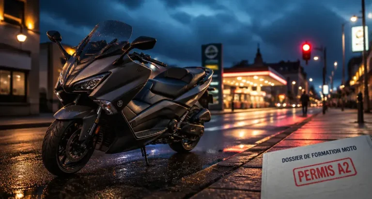 Yamaha tmax a2 35 kW pour permis A2, vue urbaine mouillée.