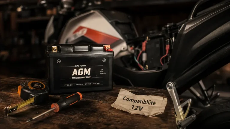 Batterie moto 125 12V : bornes plus et moins visibles