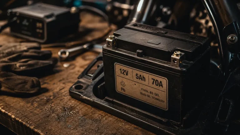 Batterie moto gel étanche sur établi, bornes et specs 12V 5Ah