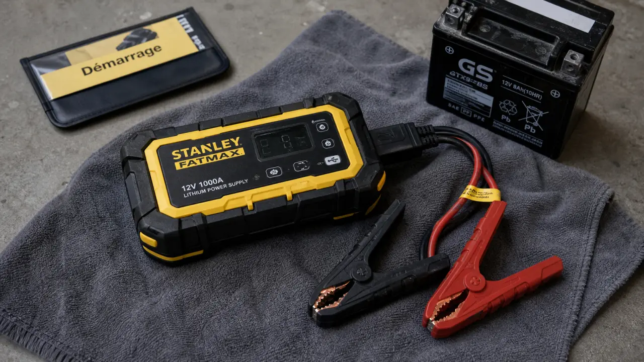Booster batterie moto 300 A lithium, câbles et pinces, protections à vérifier