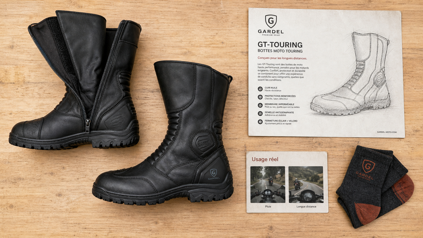 Bottes moto imperméables ou ventilées : paire en cuir noir, semelle antidérapante, zip ouvert.
