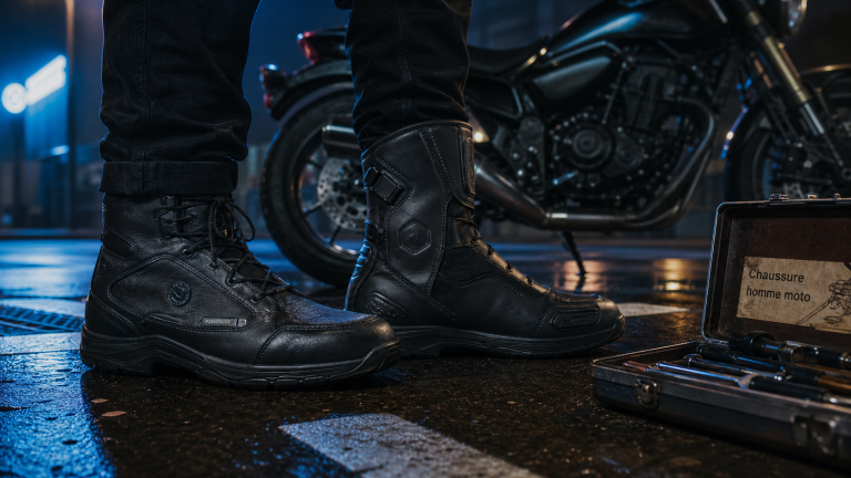 Chaussure homme moto : bottes et boots homme sur bitume humide