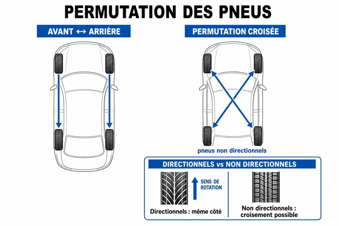 Permutation pneus : schéma des sens de rotation et des déplacements avant-arrière sur une voiture
