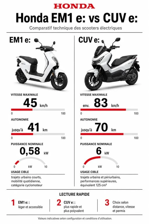 Comparatif des scooters électriques Honda EM1 e: et CUV e: : autonomie, vitesse et performances