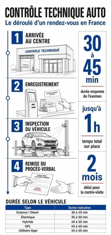 Infographie sur le controle technique combien de temps, avec durée d’examen, temps total sur place et délais de contre-visite