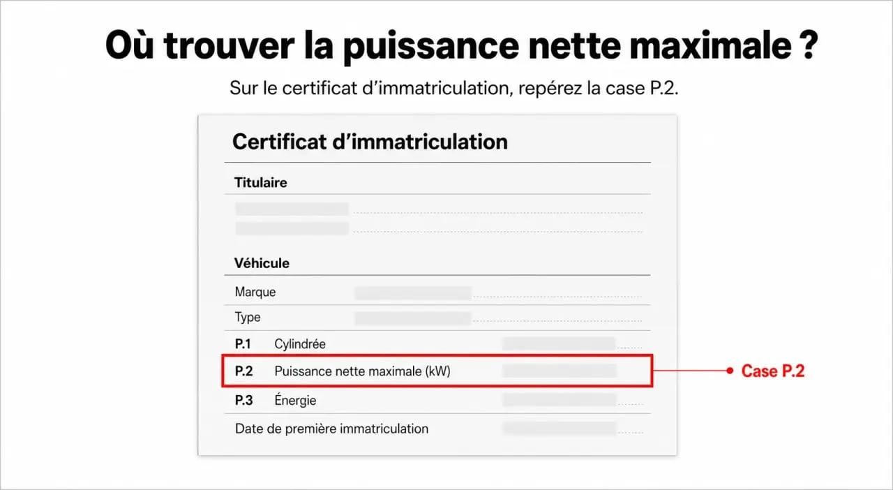 Schéma explicatif de la case P2 sur une carte grise pour identifier la puissance nette maximale du véhicule
