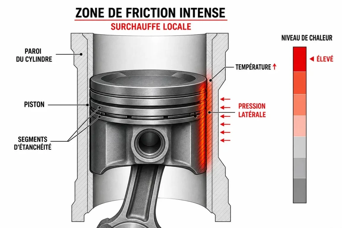 Schéma technique illustrant le mécanisme d'un moteur serré avec piston et cylindre endommagés par la surchauffe