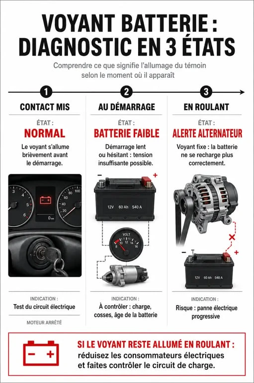 Infographie de diagnostic pour un voyant batterie qui clignote sur tableau de bord