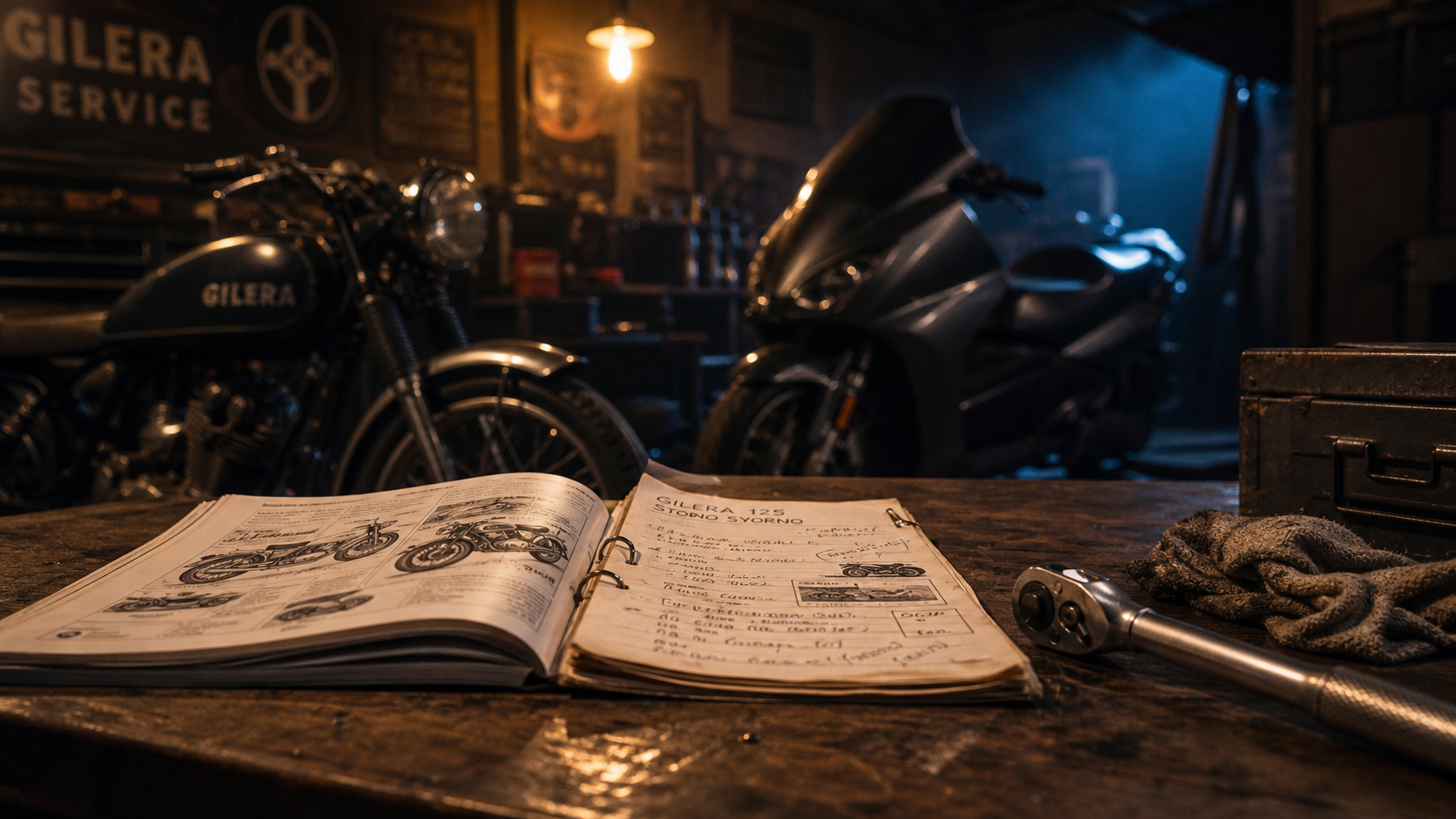 Gilera dans un garage : maxi-scooter sportif et documents techniques