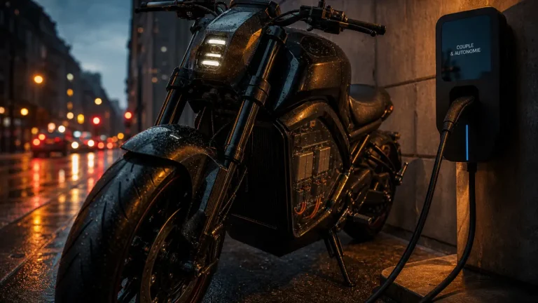 Moto électrique grosse cylindrée au crépuscule, couple & autonomie visibles
