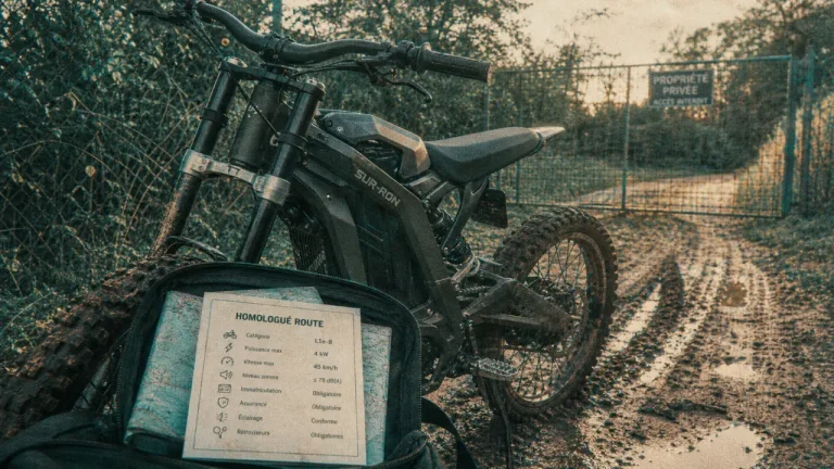 Moto électrique surron sur chemin de terre humide, Sur-Ron Light Bee/Ultra Bee/Hyper Bee