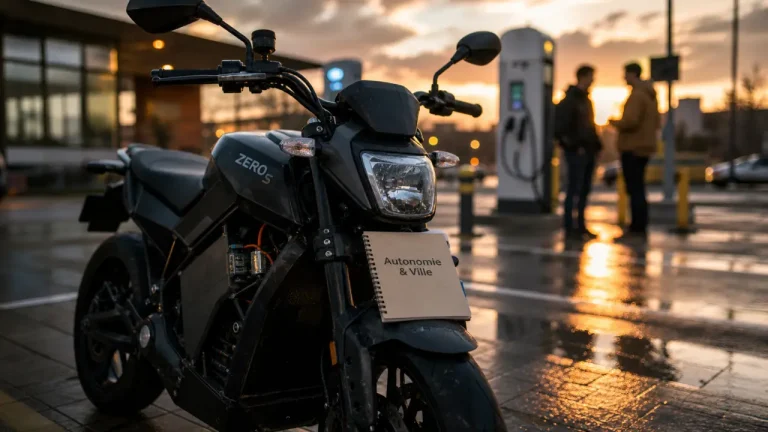 moto électrique zero noire sur parking urbain humide, recharge en arrière-plan