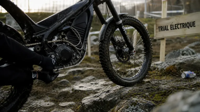 Moto trial électrique noire sur rocher humide, roues et câbles visibles, zone trial.