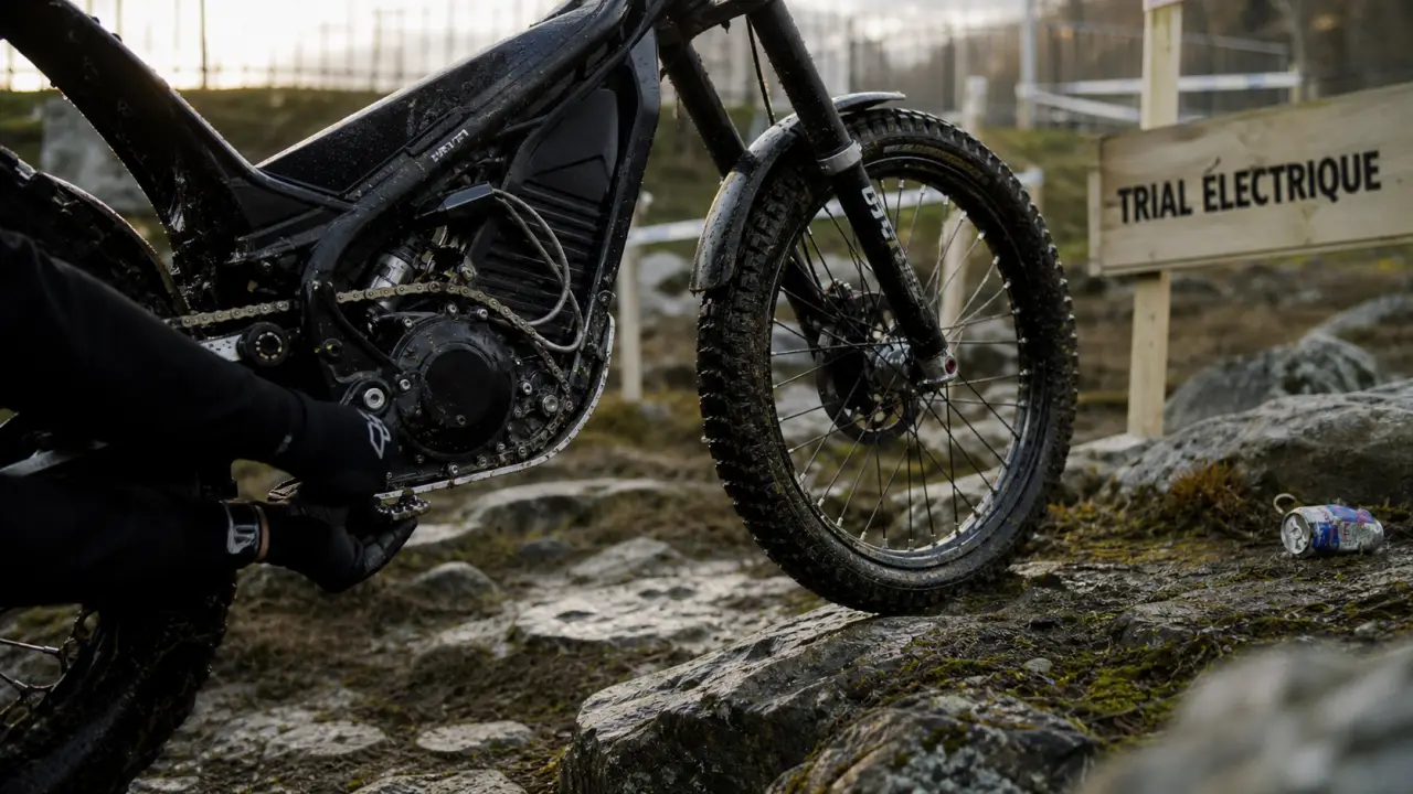 Moto trial électrique noire sur rocher humide, roues et câbles visibles, zone trial.