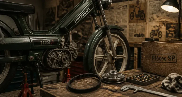 Peugeot 103 103 sp en atelier de restauration, pour éviter la mauvaise pièce
