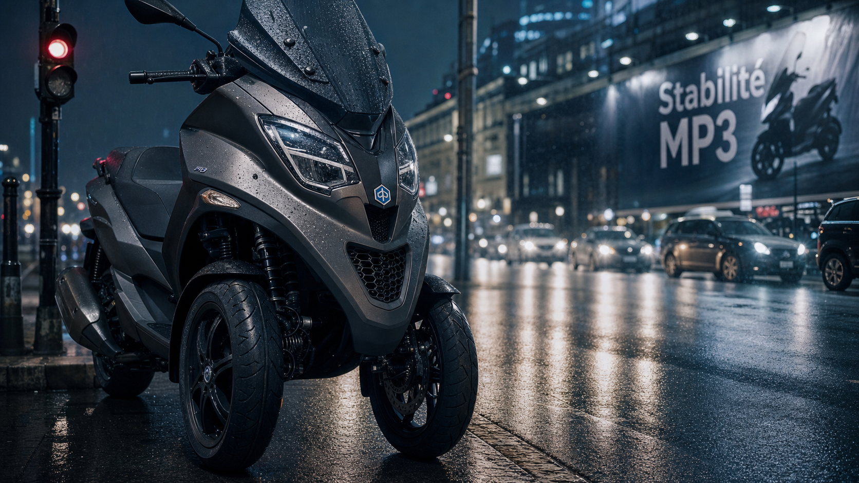 Piaggio MP3 300 HPE trois roues sous la pluie, avant net