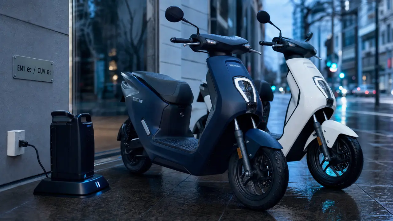 Scooter électrique Honda EM1 e: et CUV e: sur trottoir humide après pluie