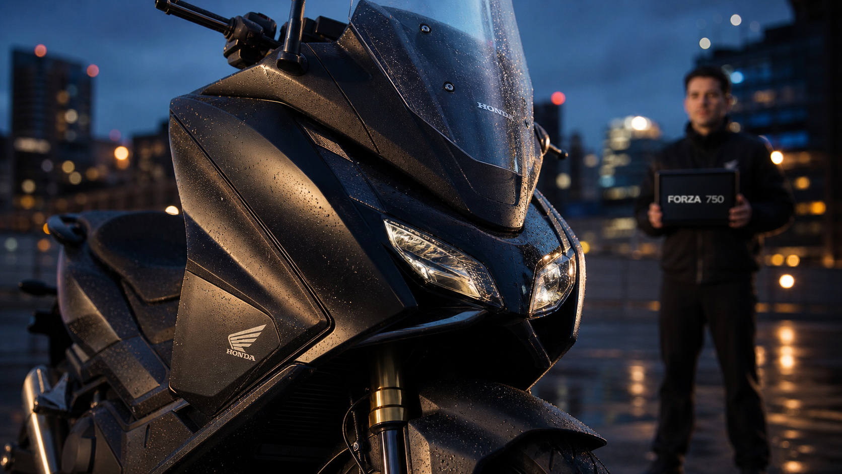 Scooter Honda 750 Forza 750 noir mat, parking urbain mouillé, DCT