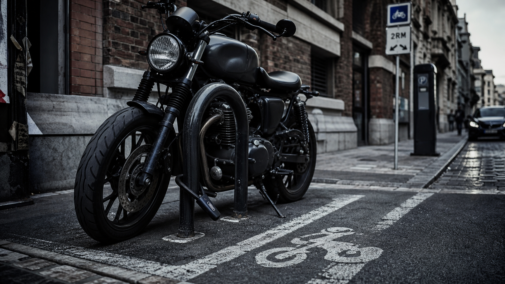 Stationnement moto Paris en zone 2RM, trottoir interdit, antivol U visible