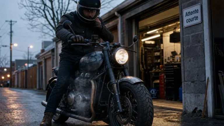 Temps de chauffe moto, pilote démarre au garage à l’aube