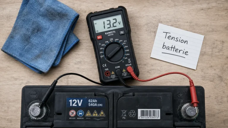 Tester une batterie avec un multimètre : 20 V continu, bornes + et -